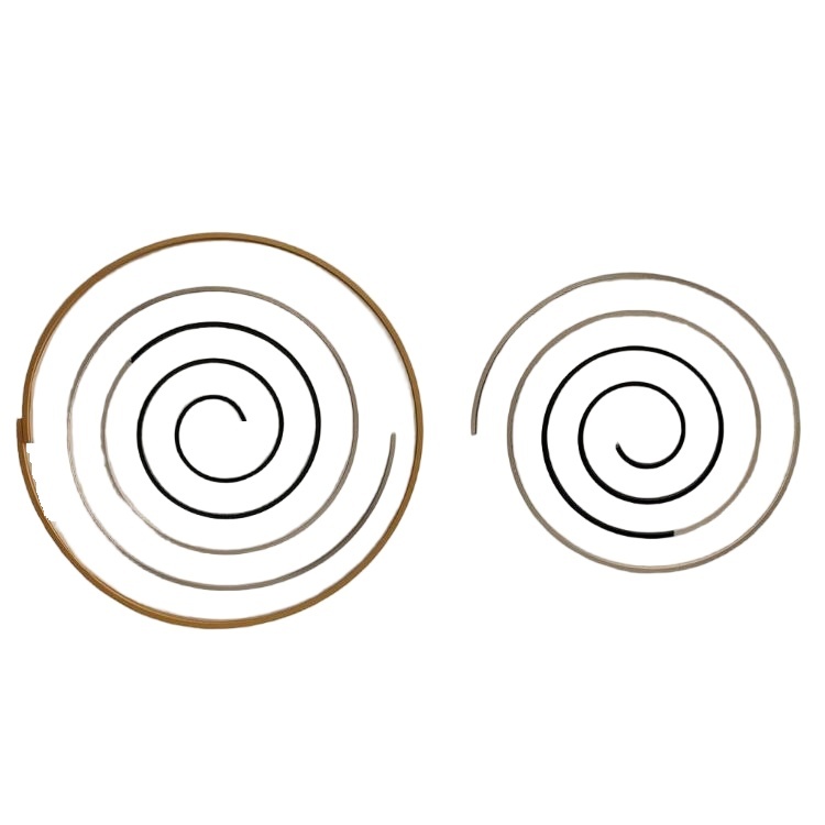 The image, titled "企业微信截图_20250628110843" (Enterprise WeChat Screenshot), shows two spiral diagrams side by side. The spiral on the left is encased within a gold-colored outer ring and consists of multiple concentric loops, with the innermost loop in black and the outer loops in varying shades of gray. The spiral on the right has a similar design but lacks the gold outer ring, featuring a series of concentric loops in black and gray shades. Both spirals appear to represent an Archimedean spiral pattern, possibly used for mechanical or illustrative purposes.