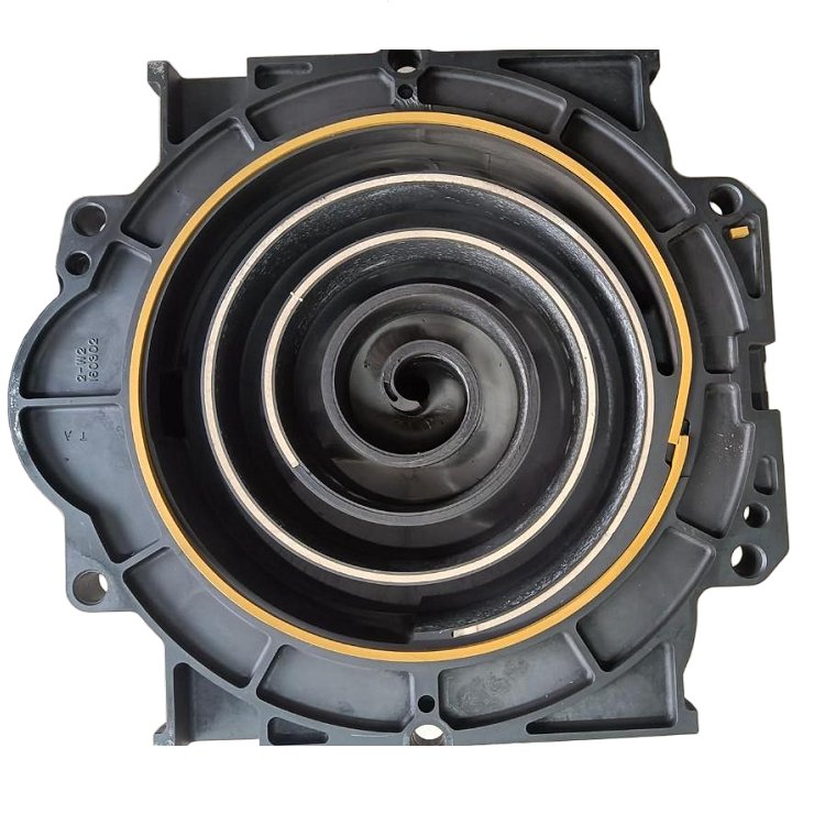 The image shows a black plastic housing of a centrifugal pump, featuring a yellow rubber seal around the outer edge. Inside the housing, a spiral impeller with multiple curved blades is visible, forming a volute chamber. The design includes several mounting holes and a central outlet, indicating it is an industrial mechanical component used in engineering equipment.