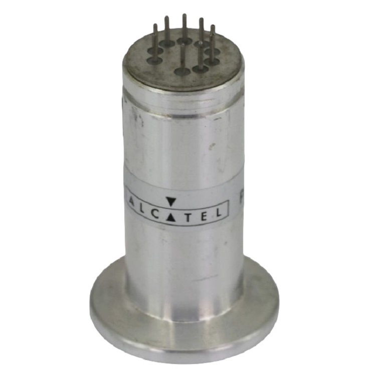 The image shows a PI3C Pirani Gauge with a DN25 ISO-K flange, manufactured by Alcatel. The device features a cylindrical stainless steel body with a slightly worn surface, indicating prior use. The top of the gauge has an 8-pin connector arrangement, with multiple metal pins protruding for electrical connections. The Alcatel logo is prominently displayed on the side, along with a directional arrow and the model designation. The base is a wide, circular flange designed for secure mounting in vacuum systems, used for precise pressure measurement in industrial applications.