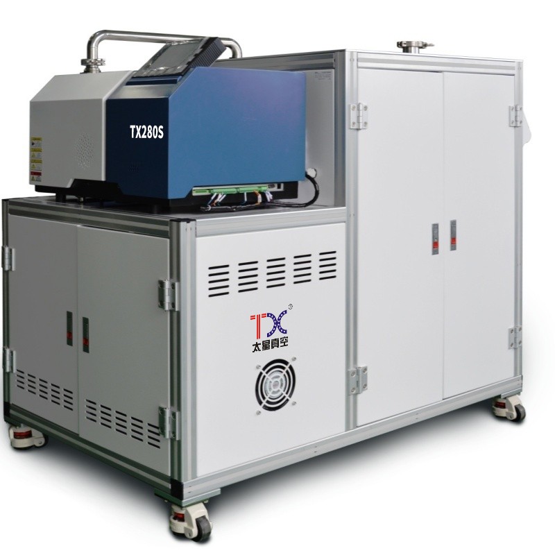 The image depicts a high-pumping-speed vacuum unit designed for semiconductor and aerospace applications. The unit, labeled "TX280S," features a robust, industrial-grade construction with a blue and white color scheme. It includes a control panel with a display screen, multiple ventilation slots for cooling, and a fan system. The equipment is mounted on a mobile base with caster wheels, allowing for easy movement. The design incorporates advanced vacuum technology, suitable for precision manufacturing and high-tech environments, as indicated by the branding and structural details.